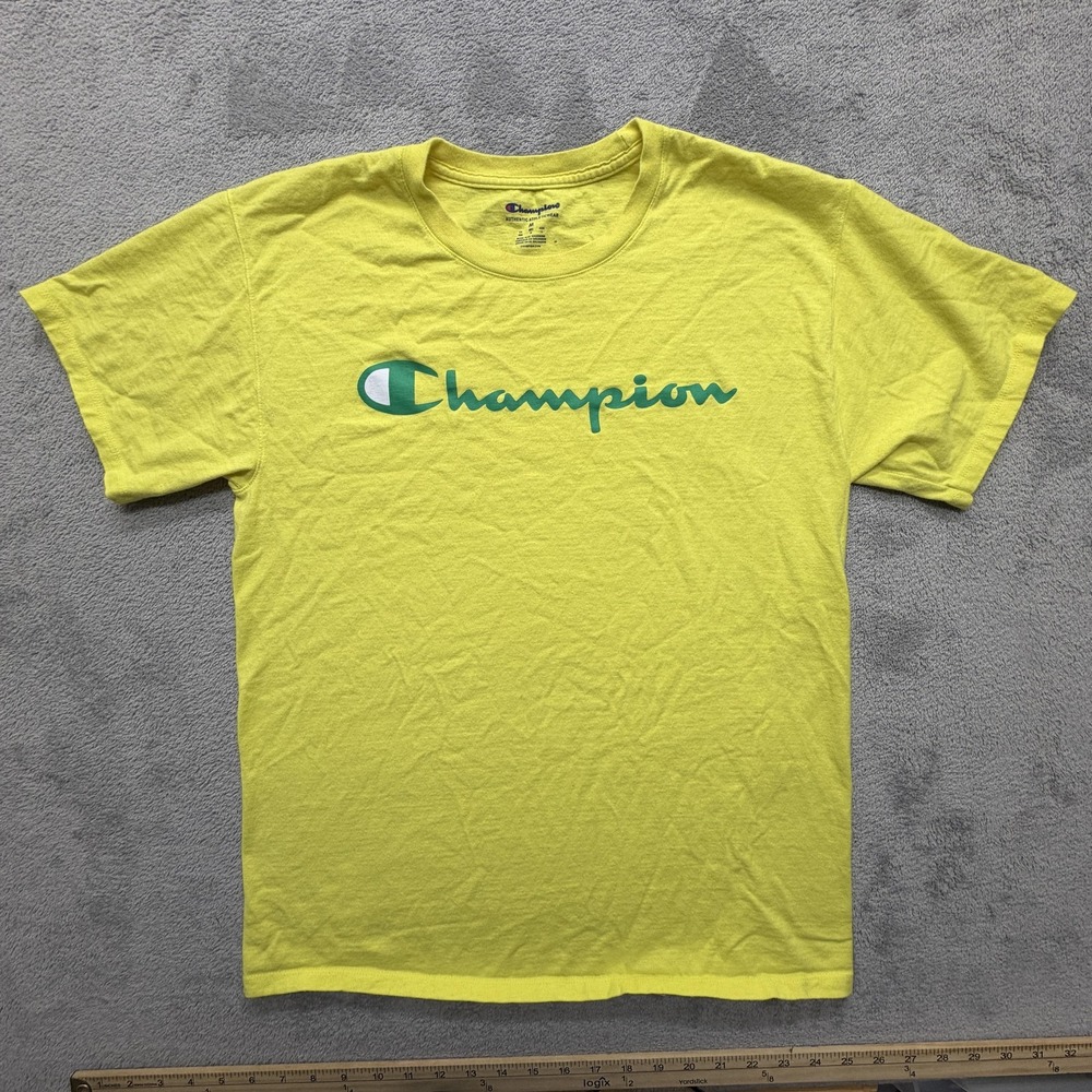 Champion Shirt Mens‎ Medium Yellow Authentic Athleticwear Green Script Logo Tee